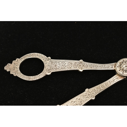 536 - A PAIR OF GRAPE SCISSORS, the handles with textured floral detail, hallmarked sterling silver London... 