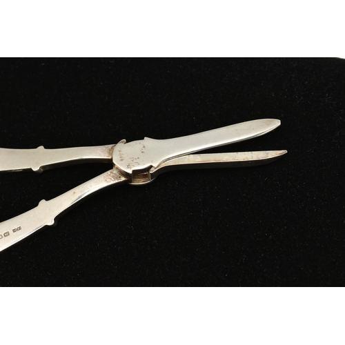 536 - A PAIR OF GRAPE SCISSORS, the handles with textured floral detail, hallmarked sterling silver London... 