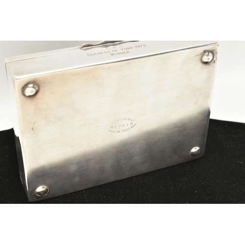 539 - A 1970s WHITE METAL AND WOODEN CIGAR BOX, the box with engine turned surface detail, engraved C.P.C ... 