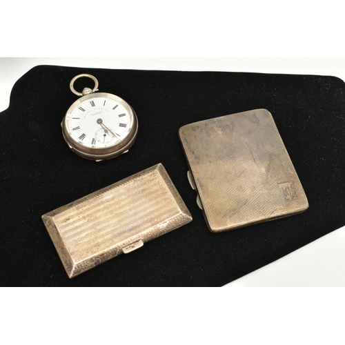 540 - TWO SILVER CIGARETTE CASES AND TWO POCKET WATCHES, two silver cigarettes cases with engine turned pa... 