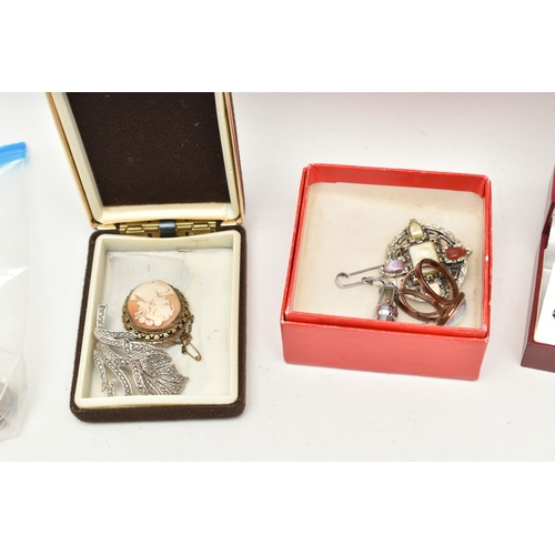 545 - A SMALL BOX OF ASSORTED ITEMS, to include a selection of cufflinks, brooches, earring etc