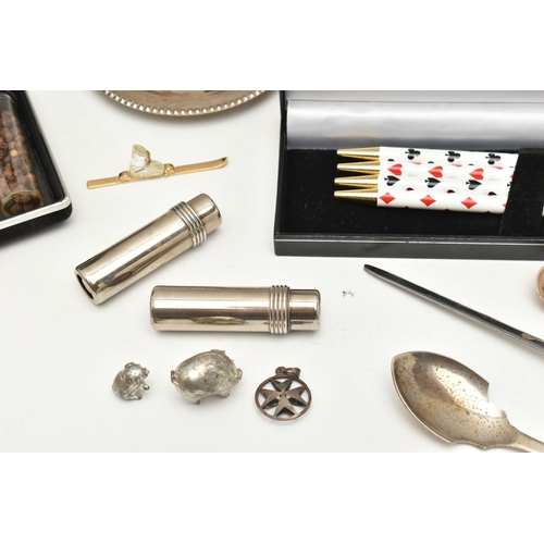 547 - A BOX OF ASSORTED ITEMS, to include a glass and white metal posy vase, a letter opener, a 'Seiko' ki... 