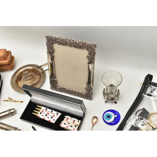 547 - A BOX OF ASSORTED ITEMS, to include a glass and white metal posy vase, a letter opener, a 'Seiko' ki... 