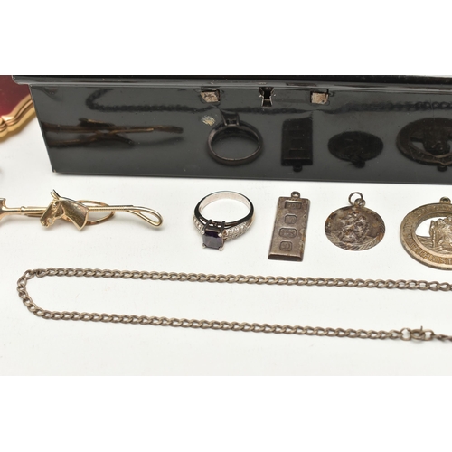 548 - A BOX OF ASSORTED ITEMS, to include a 'Georg Jensen' silver St. Christopher pendant, hallmarked Lond... 