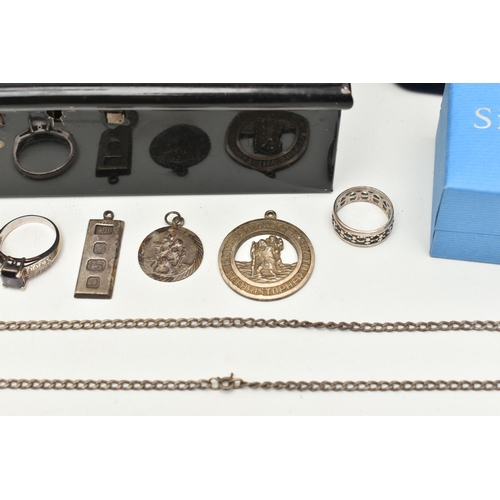 548 - A BOX OF ASSORTED ITEMS, to include a 'Georg Jensen' silver St. Christopher pendant, hallmarked Lond... 