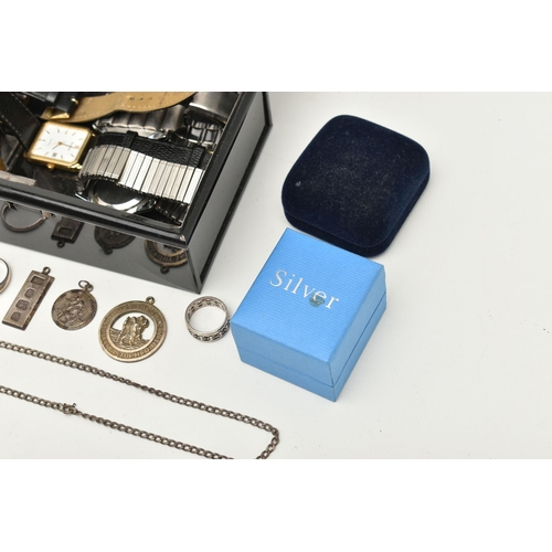 548 - A BOX OF ASSORTED ITEMS, to include a 'Georg Jensen' silver St. Christopher pendant, hallmarked Lond... 