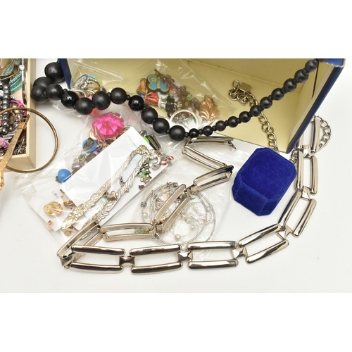 550 - A BOX OF COSTUME JEWELLERY AND ITEMS, to include beaded necklaces, bracelets and bangles, earrings, ... 