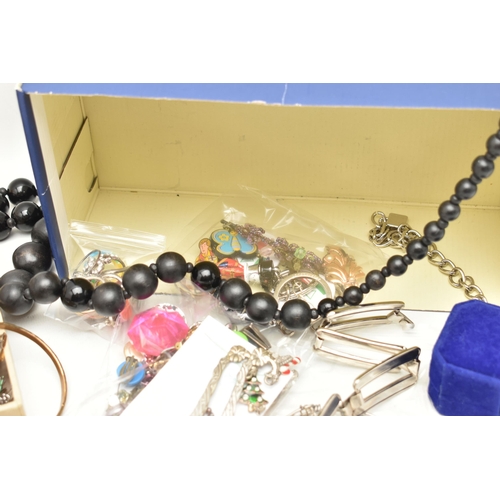 550 - A BOX OF COSTUME JEWELLERY AND ITEMS, to include beaded necklaces, bracelets and bangles, earrings, ... 