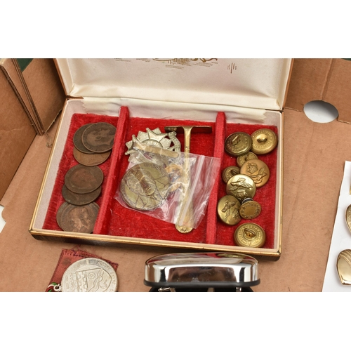 551 - A BOX OF ASSORTED ITEMS, to include a large quantity of pin badges some including military, Disney, ... 