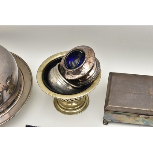 554 - A BOX OF ASSORTED WHITE METAL WARE, to include a pair of converted candlestick holders fitted with e... 