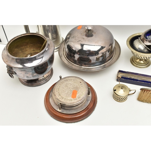 554 - A BOX OF ASSORTED WHITE METAL WARE, to include a pair of converted candlestick holders fitted with e... 