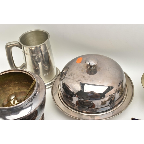 554 - A BOX OF ASSORTED WHITE METAL WARE, to include a pair of converted candlestick holders fitted with e... 