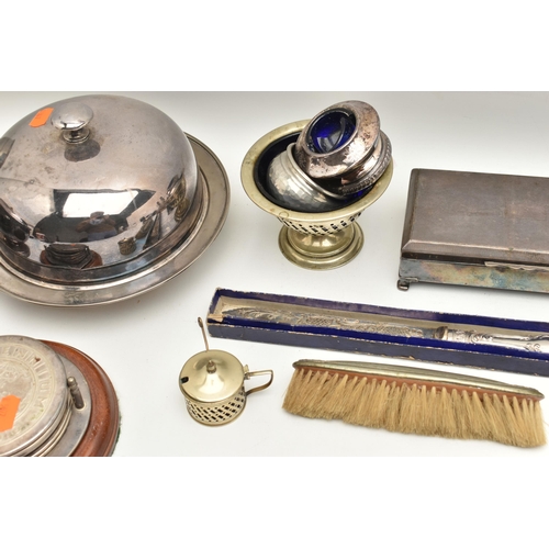 554 - A BOX OF ASSORTED WHITE METAL WARE, to include a pair of converted candlestick holders fitted with e... 