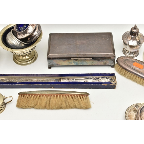 554 - A BOX OF ASSORTED WHITE METAL WARE, to include a pair of converted candlestick holders fitted with e... 