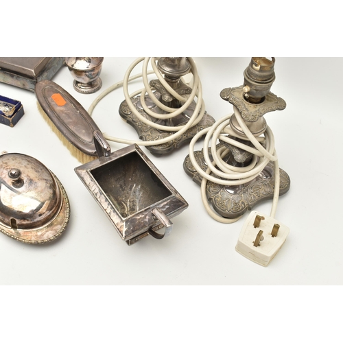 554 - A BOX OF ASSORTED WHITE METAL WARE, to include a pair of converted candlestick holders fitted with e... 