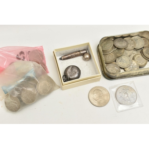 563 - A CARDBOARD BOX CONTAINING 20TH CENTURY COINAGE, to include Florins etc, tins and packet of Silver c... 