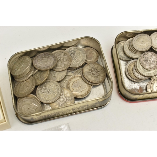 563 - A CARDBOARD BOX CONTAINING 20TH CENTURY COINAGE, to include Florins etc, tins and packet of Silver c... 