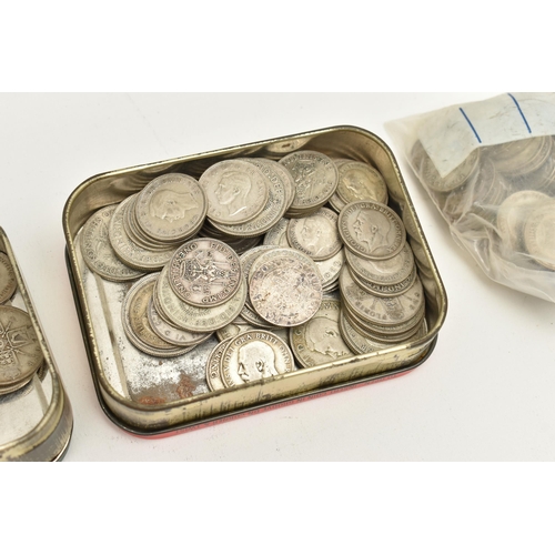 563 - A CARDBOARD BOX CONTAINING 20TH CENTURY COINAGE, to include Florins etc, tins and packet of Silver c... 