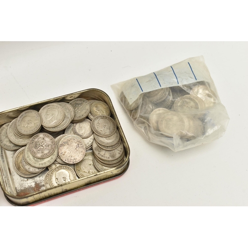 563 - A CARDBOARD BOX CONTAINING 20TH CENTURY COINAGE, to include Florins etc, tins and packet of Silver c... 