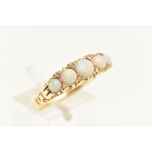 571 - AN 18CT GOLD OPAL AND DIAMOND RING, set with five graduating circular opal cabochons, with single cu... 