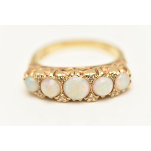 571 - AN 18CT GOLD OPAL AND DIAMOND RING, set with five graduating circular opal cabochons, with single cu... 