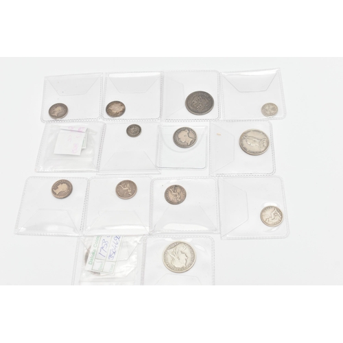 575 - A PARCEL OF SILVER COINS, to include George II Shilling 1758, George III Shilling and Sixpence 1816,... 