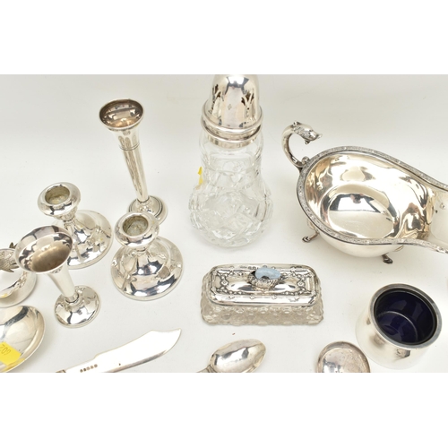 576 - A SELECTION OF SILVER AND WHITE METAL WARE, to include a 'Deakin & Francis' silver gravy boat, polis... 