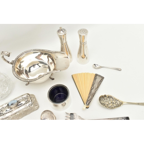 576 - A SELECTION OF SILVER AND WHITE METAL WARE, to include a 'Deakin & Francis' silver gravy boat, polis... 