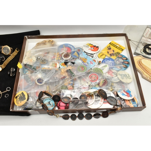 577 - A BOX OF ASSORTED ITEMS, to include a large selection of assorted badges, assorted costume jewellery... 