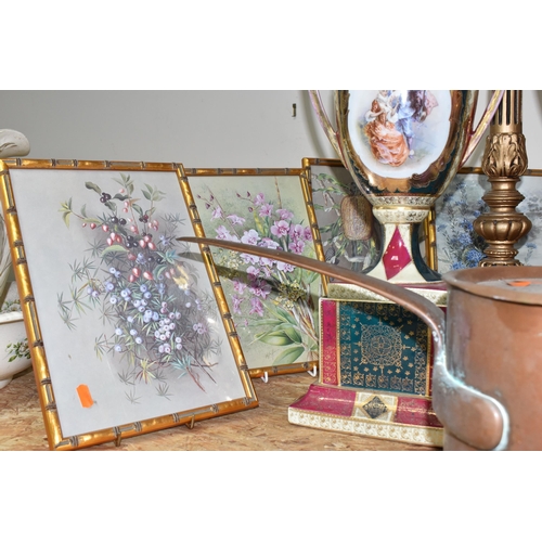 752 - A GROUP OF LARGE ORNAMENTS, FRAMED BOTANICAL PICTURES, AND A COPPER PAN to include two decorative pe... 