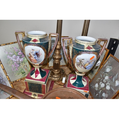 752 - A GROUP OF LARGE ORNAMENTS, FRAMED BOTANICAL PICTURES, AND A COPPER PAN to include two decorative pe... 