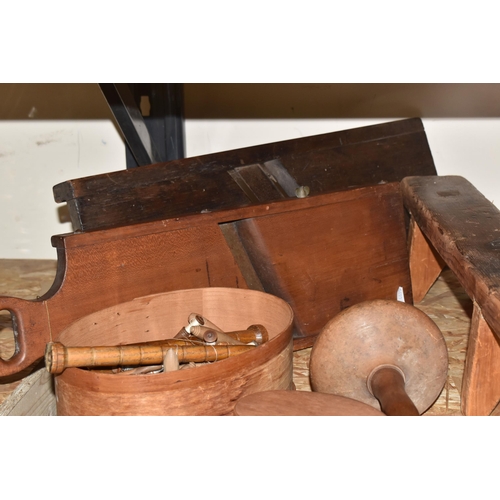 759 - A COLLECTION OF VINTAGE WOODEN HOUSEHOLD ITEMS comprising four wooden 'shaker boxes' lined with vint... 