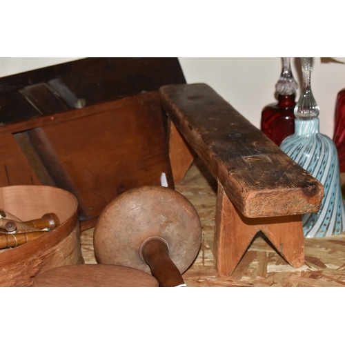 759 - A COLLECTION OF VINTAGE WOODEN HOUSEHOLD ITEMS comprising four wooden 'shaker boxes' lined with vint... 