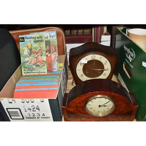 760 - FOUR BOXES AND LOOSE CERAMICS, BOOKS, AND CLOCKS to include six pieces of Crown Devon 'Blush Ivory' ... 