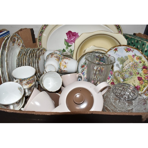 760 - FOUR BOXES AND LOOSE CERAMICS, BOOKS, AND CLOCKS to include six pieces of Crown Devon 'Blush Ivory' ... 