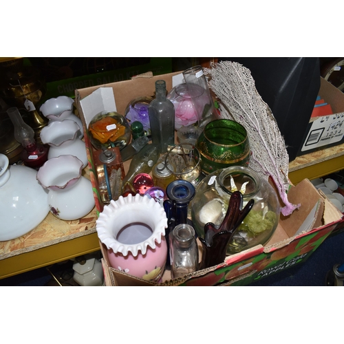 761 - TWO BOXES AND LOOSE GLASS WARES AND SUNDRY ITEMS, to include nine glass fishing floats, a 'The Crown... 