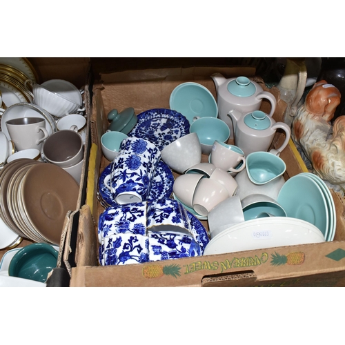 774 - TWO BOXES OF TEAWARE, to include a Copelands china blue and white tea set pattern D9821, a Poole Pot... 