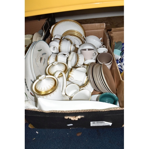 774 - TWO BOXES OF TEAWARE, to include a Copelands china blue and white tea set pattern D9821, a Poole Pot... 