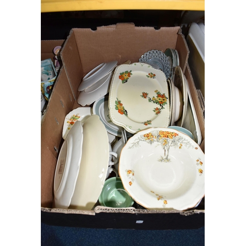 775 - THREE BOXES OF MIXED CERAMICS, an assortment of salt and pepper shakers included a blue and white pa... 