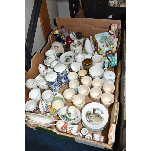 775 - THREE BOXES OF MIXED CERAMICS, an assortment of salt and pepper shakers included a blue and white pa... 