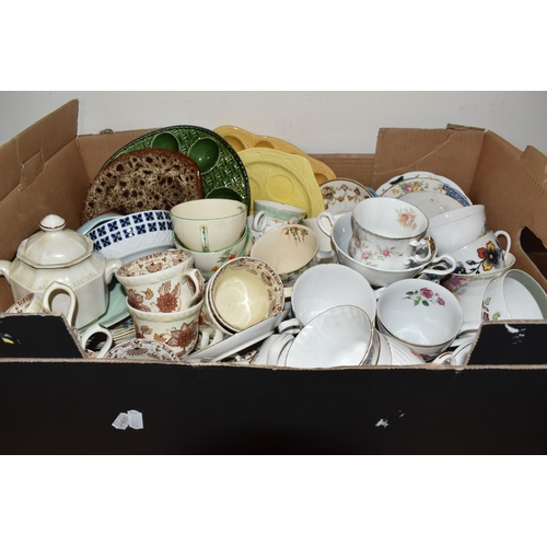 775 - THREE BOXES OF MIXED CERAMICS, an assortment of salt and pepper shakers included a blue and white pa... 