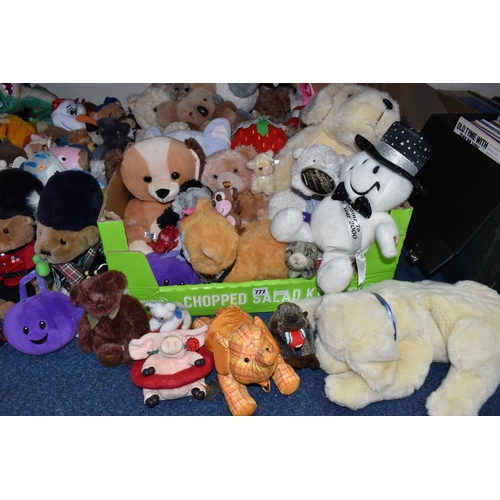 777 - THREE BOXES AND LOOSE PLUSH BEARS AND ANIMALS, to include a DanDee 2000 collectable snowman, a Harro... 