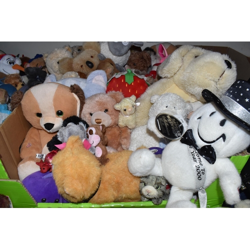 777 - THREE BOXES AND LOOSE PLUSH BEARS AND ANIMALS, to include a DanDee 2000 collectable snowman, a Harro... 