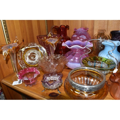 780 - A GROUP OF DECORATIVE COLOURED GLASS ITEMS, comprising of a cranberry opalescent hand painted floral... 