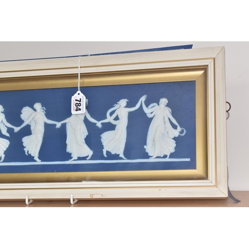 784 - A FRAMED WEDGWOOD 'DANCING HOURS' PLAQUE, the blue dipped plaque featuring six dancing classical mai... 