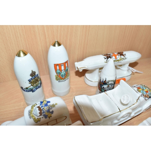 788 - A COLLECTION OF MILITARY THEMED CRESTED WARE, thirteen pieces in the forms of cannons, a battleship,... 