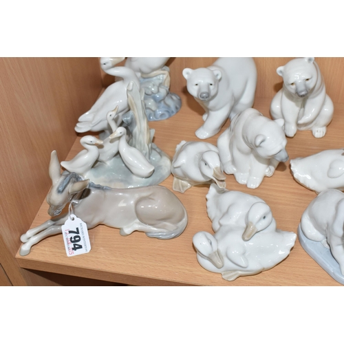 794 - A GROUP OF LLADRO AND NAO ANIMAL AND BIRD FIGURES, comprising Lladro: Donkey model no 4679, sculptor... 