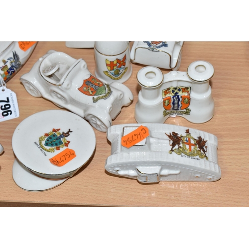 796 - A COLLECTION OF MILITARY THEMED CRESTED WARE, eleven pieces in the forms of a cannon, a trench morta... 