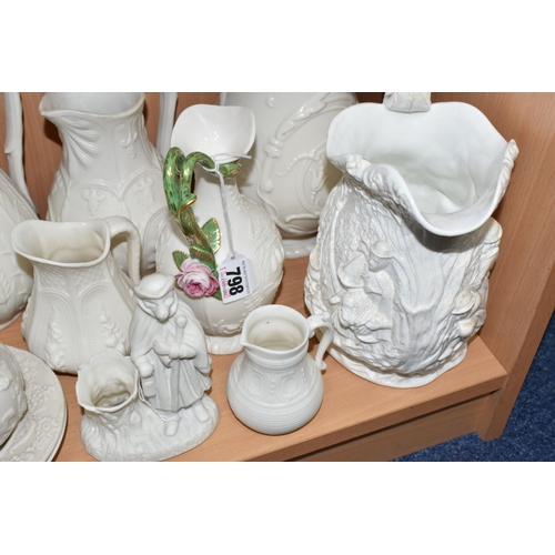 798 - A COLLECTION OF PARIAN WARE JUGS, ETC, comprising a Samuel Alcock nineteenth century jug, moulded wi... 