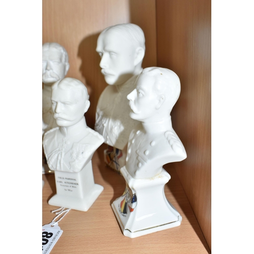 801 - FIVE CRESTED WARE PARIAN BUSTS, comprising Shelley 'Field Marshal Earl Kitchener, Secretary of State... 